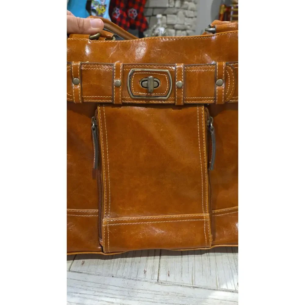 Giani Bernini Women's Saddle Brown Leather‎ Satchel Bag with Turn Lock Closure